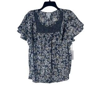 Liz Claiborne Navy Floral Flutter Sleeve Blouse Crochet Lace Yoke XXL NWT